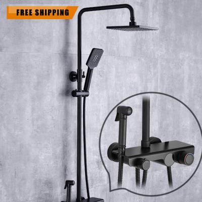 China With Sliding Bar Matte Black Exposed Shower System Digital Temperature Function Bathroom Triple Shower Faucet Set Tub Spout Wall Mount for sale