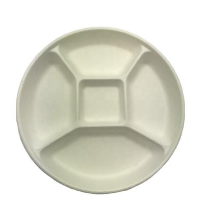 China Round Food Disposable Unbleached Bagasse Tray 5 Compartment Large Sugarcane Bagasse Food Tray for sale