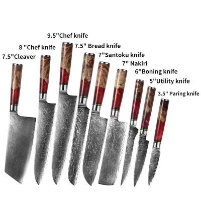 China Stocked Factory price  damascus steel stylish red handle kitchen tools fillet cabbage cutting chef Japanese knife set for sale