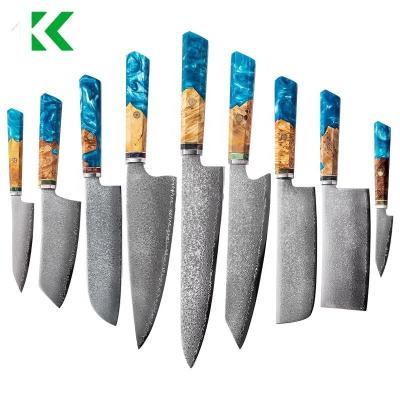 중국 Sustainable Dropshipping 9pcs octagonal blue resin handle VG10 Steel Japanese damascus kitchen knife set with Gift Box 판매용