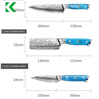 Китай Stocked Professional Vg10 Carbon Steel Damascus Kitchen Chef Knife With Turquoise Handle 3 Pcs Set In Gift Box продается