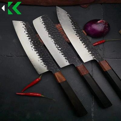 中国 Stocked Chef Knife Three-Layer Composite Steel Handmade Forged Sharp Cleaver Slicing Knife Utility Santoku Kitchen Cooking Tools 販売のため