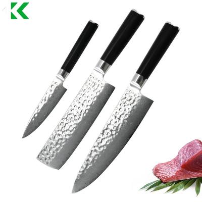 중국 Disposable 3-Piece Kitchen Set cooking Hammered knives Damascus knifes set kitchen tools chef with Ebony Wooden Handle 판매용