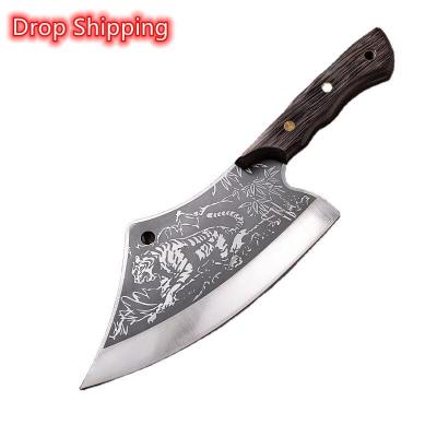 China Stocked Full Tang Handmade 7.5 inch tiger pattern meat carving cooking cleaver kitchen chinese chef choppping knife with cover sheath for sale