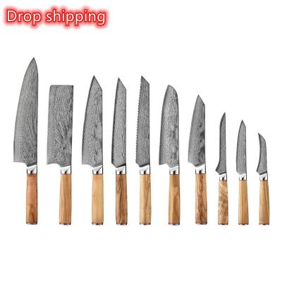 China Stocked 10 suit Damascus Pattern Stainless Steel Kitchen chefs wood handle Japanese Chef Knife Te koop