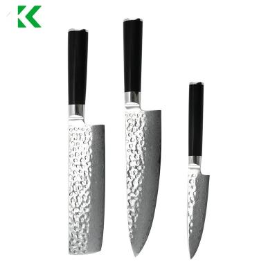 China Stocked Damascus messer set VG10 steel Hammered knives Damascus kitchen knife  with ebony wood handle for sale