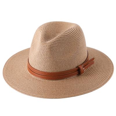 China Striped Sun Straw Fedora Beach Hat Summer Wide Brim Hat With Belt For Women Menstraw Hat Designer Custom for sale