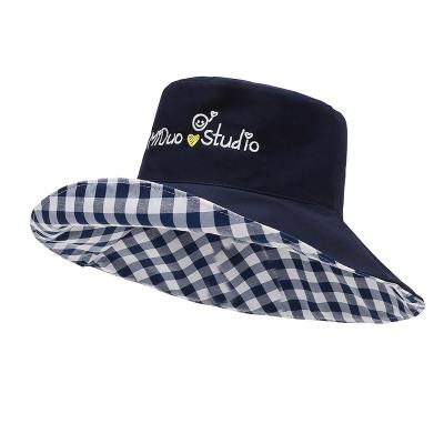 China Image m7-002 Reversible Fishing Hat Summer Women Sunscreen Plaid Fisherman Hat Outdoor Letter Embroidery Double Sided Bucket Hats for sale