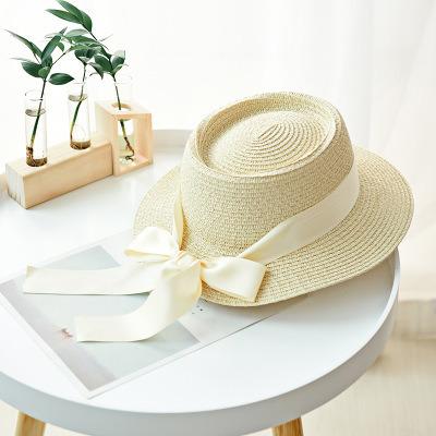 China New Custom Wholesale Sun Straw Hat Women Ribbon Bow Summer Beach Hat Striped Flat Surface Panama Hat C7-K002 C7-K002 for sale