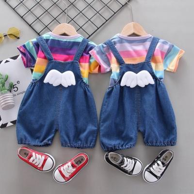 China N10-K010 Vintage Summer Infant Girls Toddler Girls Cute Rainbow Stripe T-shirt+denim Shorts White Kids Casual Outfits Clothes Set of wings for sale