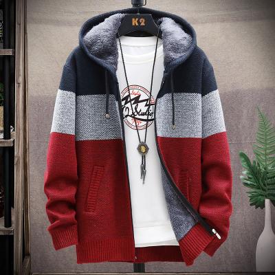 China 2021 M1-K001 Autumn Korean Hooded Men's Cardigan Sweaters With Thick Velvet Men's Cardigan Knitted Sweater Coats Patchwork Jacket for sale