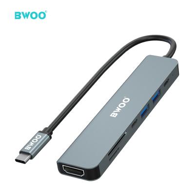 China USB3.0 5Gbps BWOO high speed 4k wholesale 30Hz 7 in 1 usb c hub aluminum alloy material support TF card palladium 100w tipo c usb hub for sale