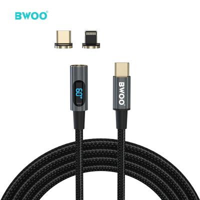 China High Speed ​​Data Transfer BWOO 20w USB-c Digital Display PD To Light Up Cable Nylon Braided 2 In 1 60w Type C To Type C PD Charging Magnetic USB Cable for sale