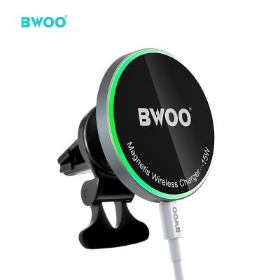 China Car 15w Charging BWOO Smart Match New Products Car Phone Holder Fast Wireless Charger ABS+Aluminum Material Magnetic Wireless Charger for sale