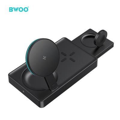 China Hot Sale 15w LED Indicator BWOO Wireless Chargers Holding Aluminum Alloy Material Custom Logo 3 in 1 Magnetic Wireless Charger for iPhone for sale