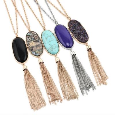 China New 2019 New Sale Macrame Resin Tasty Oval Tassel Fringe Pattern Pendant Necklace for sale