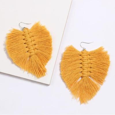 China Leaf European Bohemian Handwoven Long Macrame Tassel Wool Modern Earrings for sale