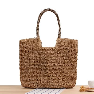 China Handmade Dacron Leisure Beach Bag Women Beach Straw Shoulder Bags Summer Solid Color Straw Bag for sale