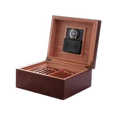 China Vintage Luxury Tray with Adjustable Divider Cedar Leather Humidor Cigar Desktop Storage Box for sale