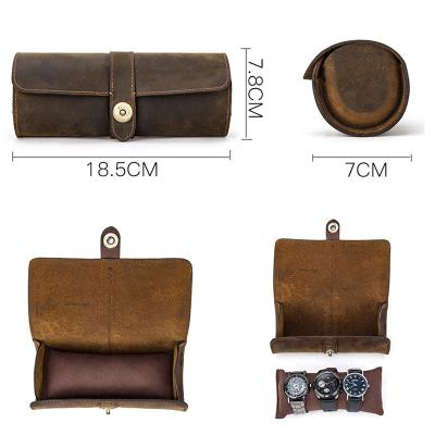 China Hot Sale Luxury Vintage 3 Slots Around PU Leather Watch Winder Box Travel Luxury Portable Watch Case Box for sale