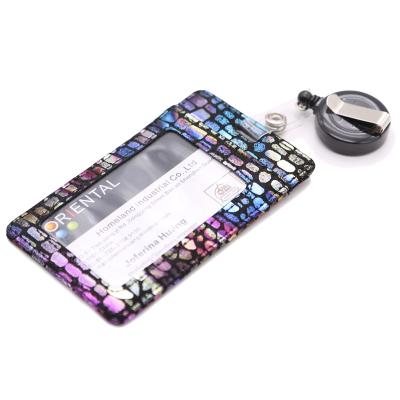 China New Style Custom Security Work ID Card Holder Bilateral Leather ID Card Lanyard Retractable Badge Holder for sale