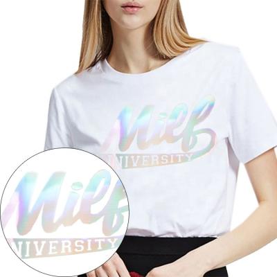 China Viable Maker Custom Letters Name Logo Holographic Iridescence Film Transfer For Apparel for sale