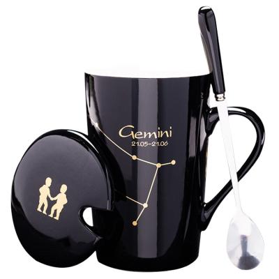 China Wholesale Cheap Price 12 Constellations Gold Pattern Coffee Mug Stocked White Black White Ceramic Gifts With Lid Spoon Handle For Souvenir for sale