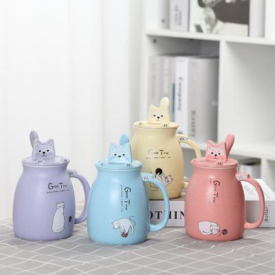 China Wholesale Sublimation Cat Design Ceramic Milk Coffee Stocked Animal Mug With Lid And Spoon Cup For Kids Girlfriend Gift With Handle for sale