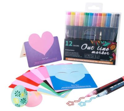 China PP Plastic Two Line Outline Pens 12 Colors Individual Two Line Pen Metallic Markers Set With 8 Small Card Outline Metallic for sale