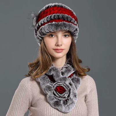 China Stylish American Scarves Rex Rabbit Fur Women Scarf Genuine Warm And Soft Ladies CX-SET-33H Short And Hat for sale