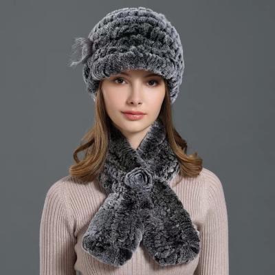 China CX-SET-34E High Quality Women Winter Fur Scarf Knitted Rex Rabbit Real Fur Hat Russia For Women Scarf Hat Set for sale