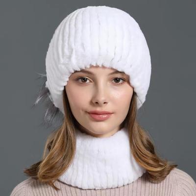 China CX-SET-28D COMMON Ladies Beret Hats Stylish Wool Striped Real Rex Rabbit Fur Hat With Neck Warmer Scarf for sale