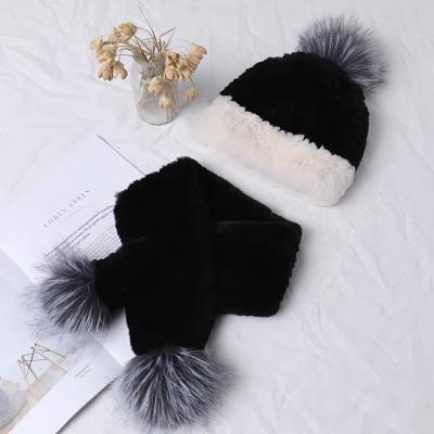 China COMMON Winter Beanie Hats Women's Fur Pom Pom Scarf Matching Real Rex Rabbit Fur Snood Hats CX-SET-27K for sale