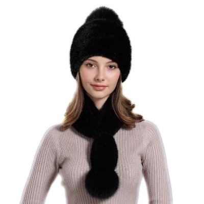 China Factory Direct Wholesale High Quality CX-SET-06D Knitted Mink Fur Adult Fur Hat And Scarf Set With Fur Pom Pom for sale