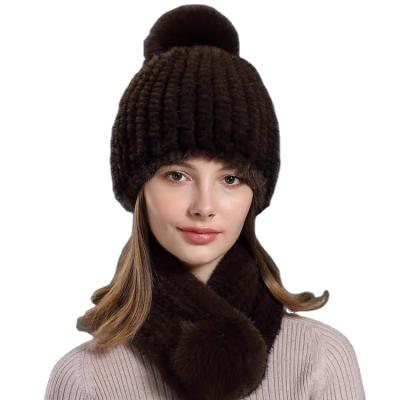 China CX-SET-01H High Quality Hand Knitted Mink Fur Winter Scarf Hat Women Fur Hat and Scarf Set for sale