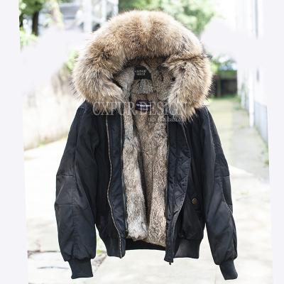 China CX-G-P-19T New Design Waterproof Rabbit Fur Striping Cute Women Clothing Winter Bomber Overcoat With Big Fur Collar for sale