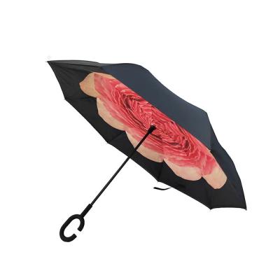 Chine Couche de conception de fleur la double a inversé le parapluie, parapluie de poignée formé par C à vendre