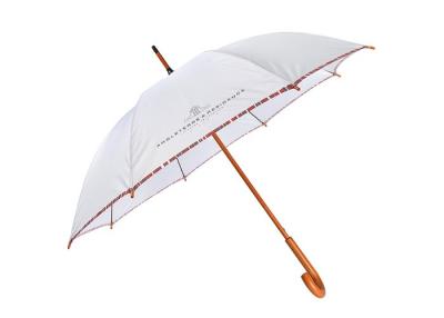 China Wooden J Handle Printed Golf Umbrellas Cmyk Printing Color Sturdy Fiberglass Frame for sale