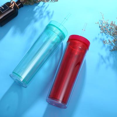 China Sustainable Wholesale Cheap Products Transparent Clear Double Walled Screw Lid Skinny Tumbler Cups Reusable Plastic Cup With Lid for sale