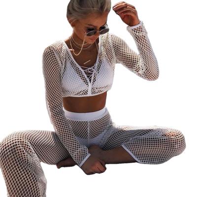 China Hot Anti-UV Selling Europe and America Popular Women's Net Gauze Swimsuit Women's Mesh 4 Piece Split Shirt Suit for sale