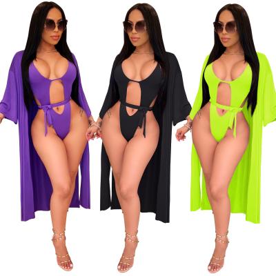 China 2020 Fashion Anti-UV Women Hollow Out Backless Bikini One Piece Cover Up Cardigan Solid 2 Piece Swimsuit Beach Wear Set for sale