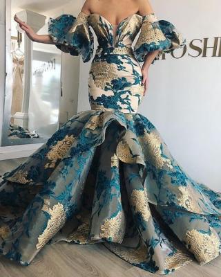 China Dry Cleaning Latest Style Custom Design Print Organza Gold Fabric Appliques Mermaid Wedding Dress 2020 WF901 for sale