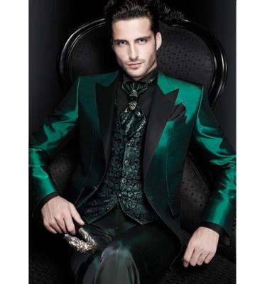 China stylish green Anti-wrinkle men suits high quality waistcoat with lapels blazer tuxedos fashionable male suit Homme peaked style skinny 3 pieces for sale