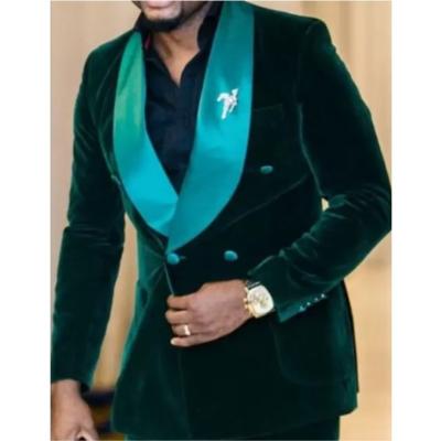 China New Arrival Dark Green Wedding Double Breasted Suits Breathable Velvet Groom Tuxedos Groomsmen Puffy Coat Shawl Lapel For Men Blazers for sale