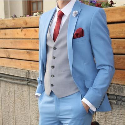 China Breathable Gray Vest Men Suits Sky Blue Jacket Set 3 Pieces Groom Blazer Suits Tuxedos Wedding Formal Men Suit (Jacket+Vest+Pant) for sale