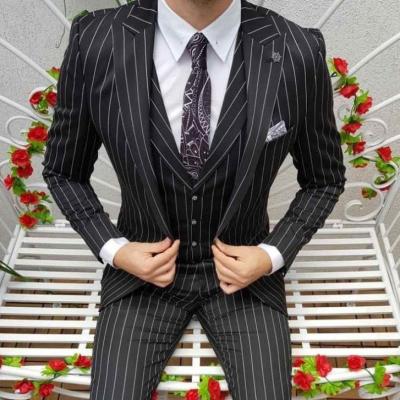 China New Style Breathable Groomsmen Black Striped Tuxedos Peaked Lapel Groom Tuxedos Mens Suits Wedding/Prom Best Man Blazer (Jacket+Pants+Vest) for sale