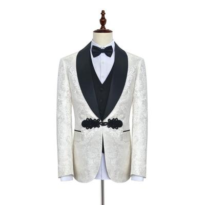 China Anti-Wrinkle Handsome Button Printed Groom Tuxedos Shawl Lapel One Wedding Suits Dinner Blazer Prom Three Piece (Jacket+Pants+Vest) for sale