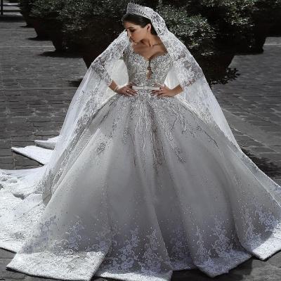 China Mother Of The Bride 2020 Long Sleeve Ball Gown Arabic Wedding Dresses Lace Up Appliques Bridal Gowns for sale