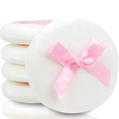 China 5 Pcs Feather Dust Puff For Baby Powder , Ultra Soft Velvet Puff With Pink Ribbon Bow 4.13 inch for sale