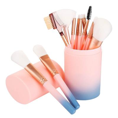 China Angular Blush Private Label 12pcs Peach Makeup Brush Set With Cylinder Case for sale